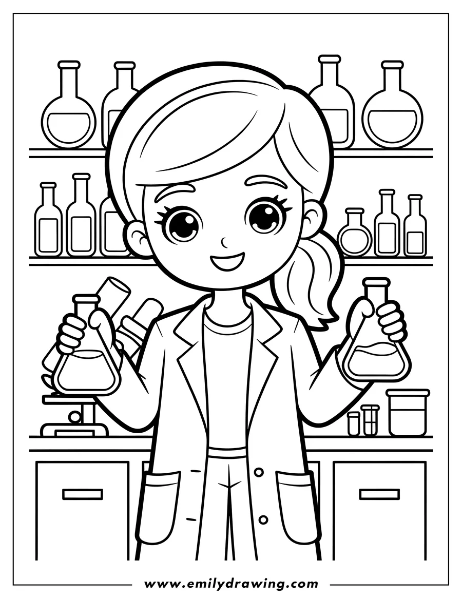 Coloring sheet featuring girl Scientist