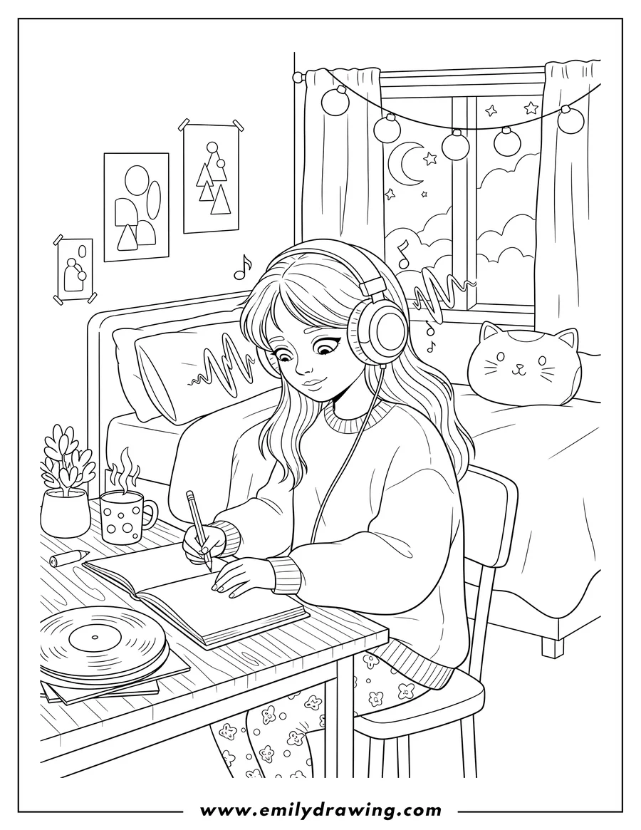 Line art of a girl wearing headphones, sitting at a desk, and writing in a notebook inside her bedroom. The room features a bed, string lights, and a window with a crescent moon.