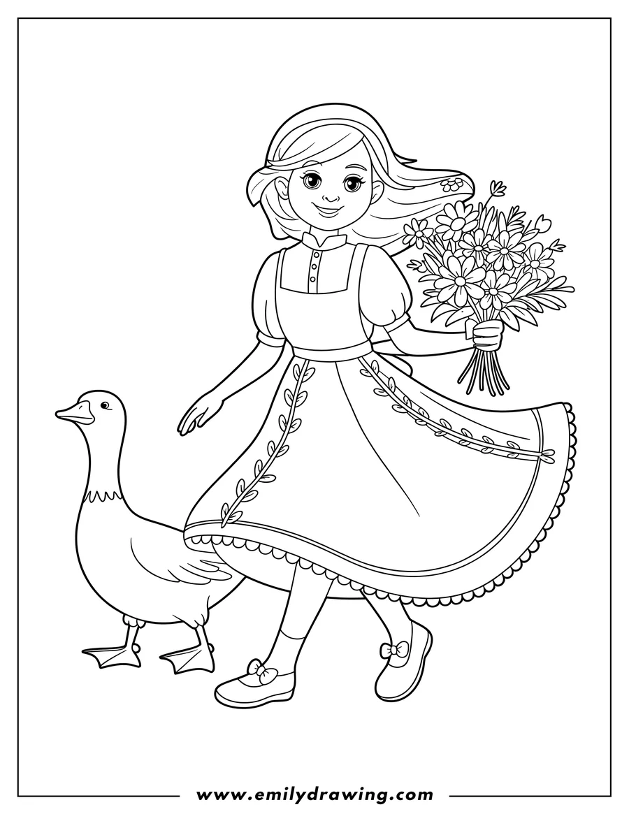 Full page coloring image of girl