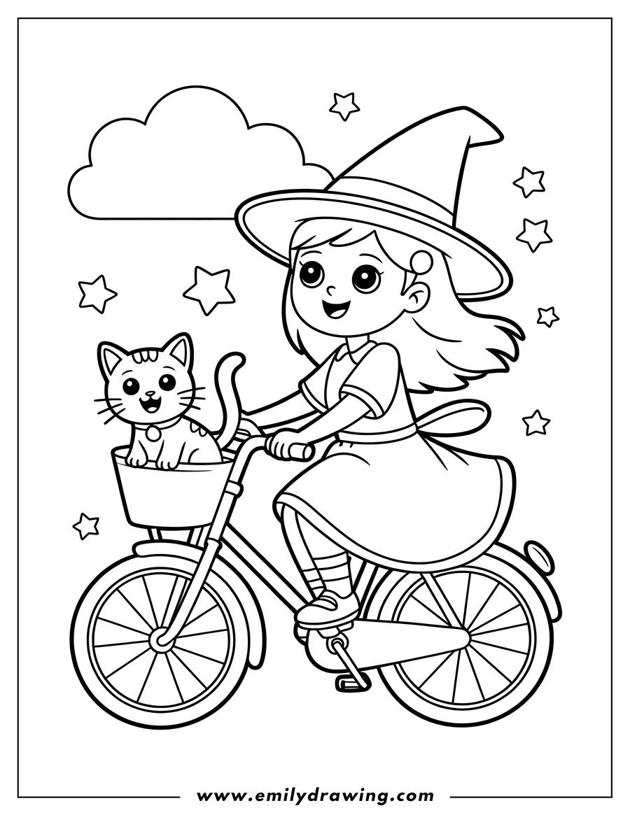 Black and white line art of girl Witch
