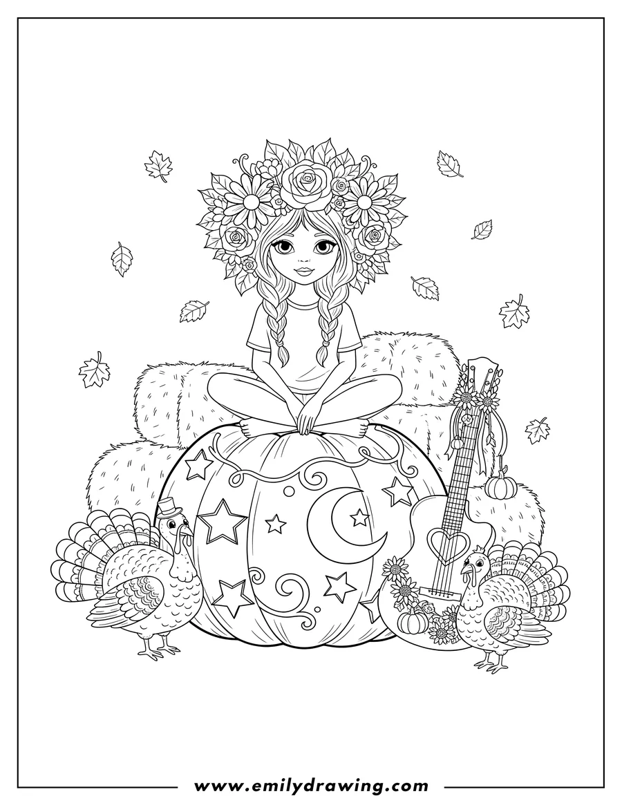 Outline drawing of girl with a flower crown sitting on a pumpkin next to a decorated acoustic guitar and two turkeys, whimsical autumn harvest