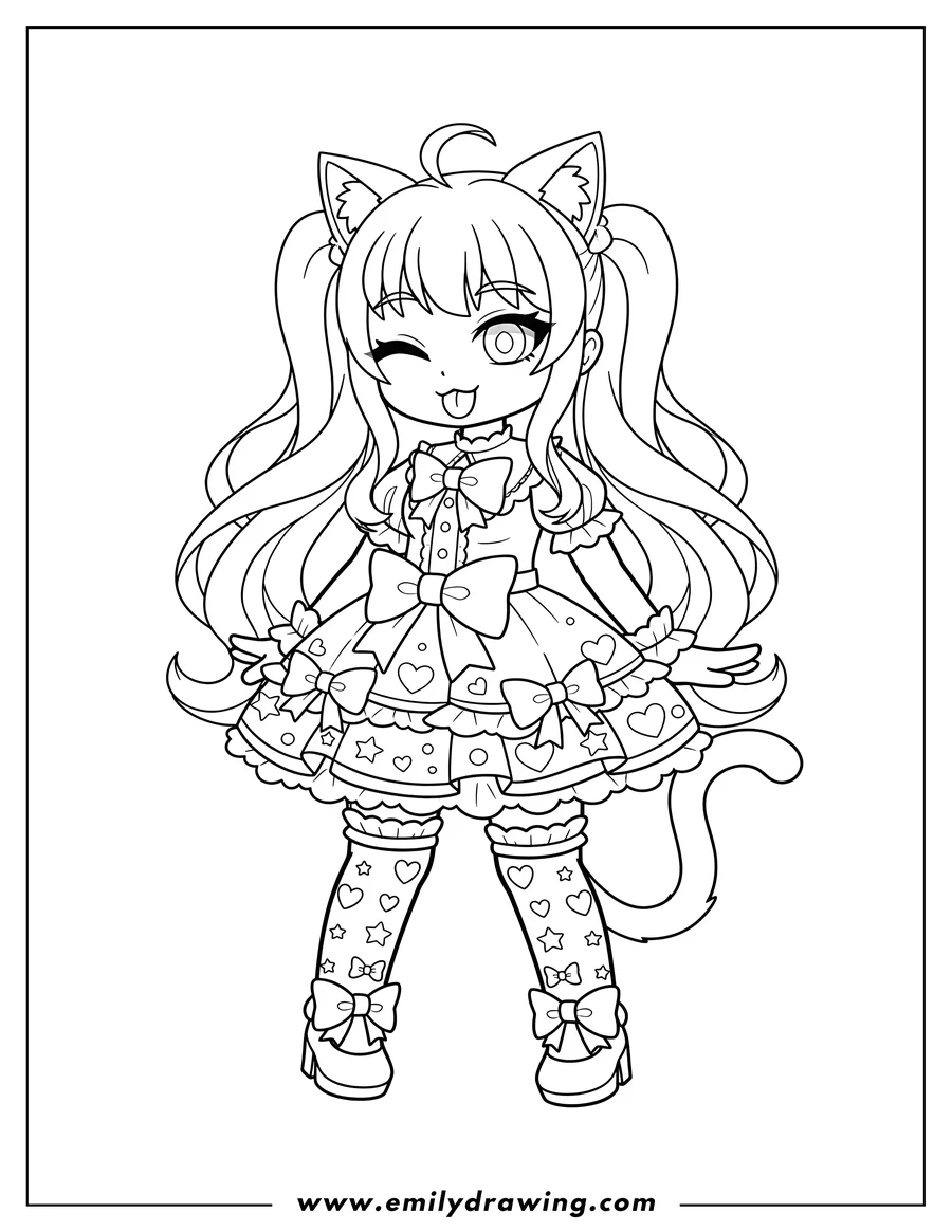 Coloring page for kids: gacha Life Girl with cat ears, winking with tongue out, and wearing a cute dress