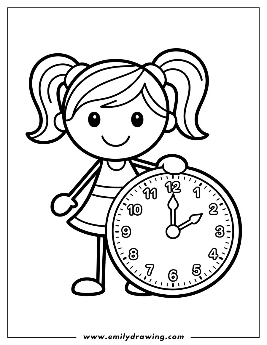 Outline of a smiling girl with pigtails holding a large analog clock that shows two o'clock.