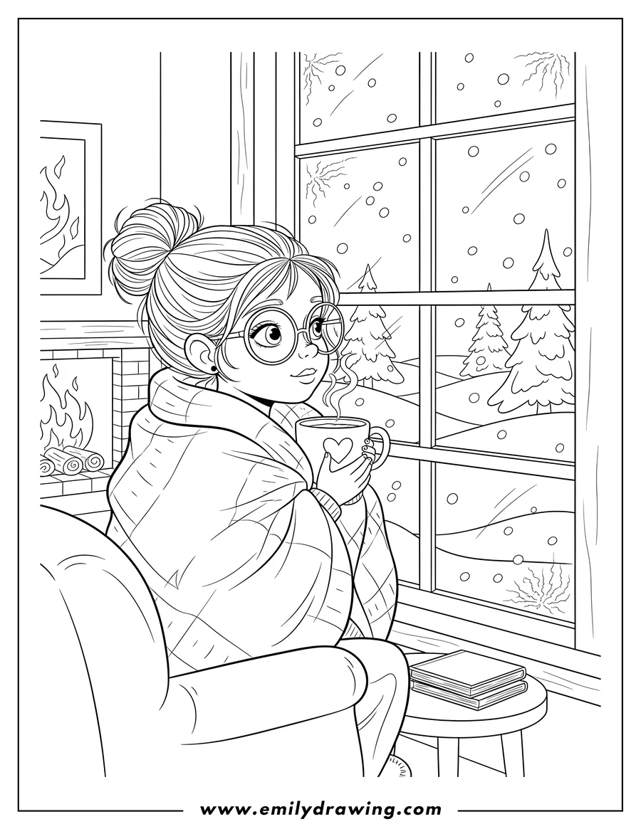 Outline drawing of girl with glasses wrapped in a blanket, holding a mug of hot chocolate, looking out a snowy window
