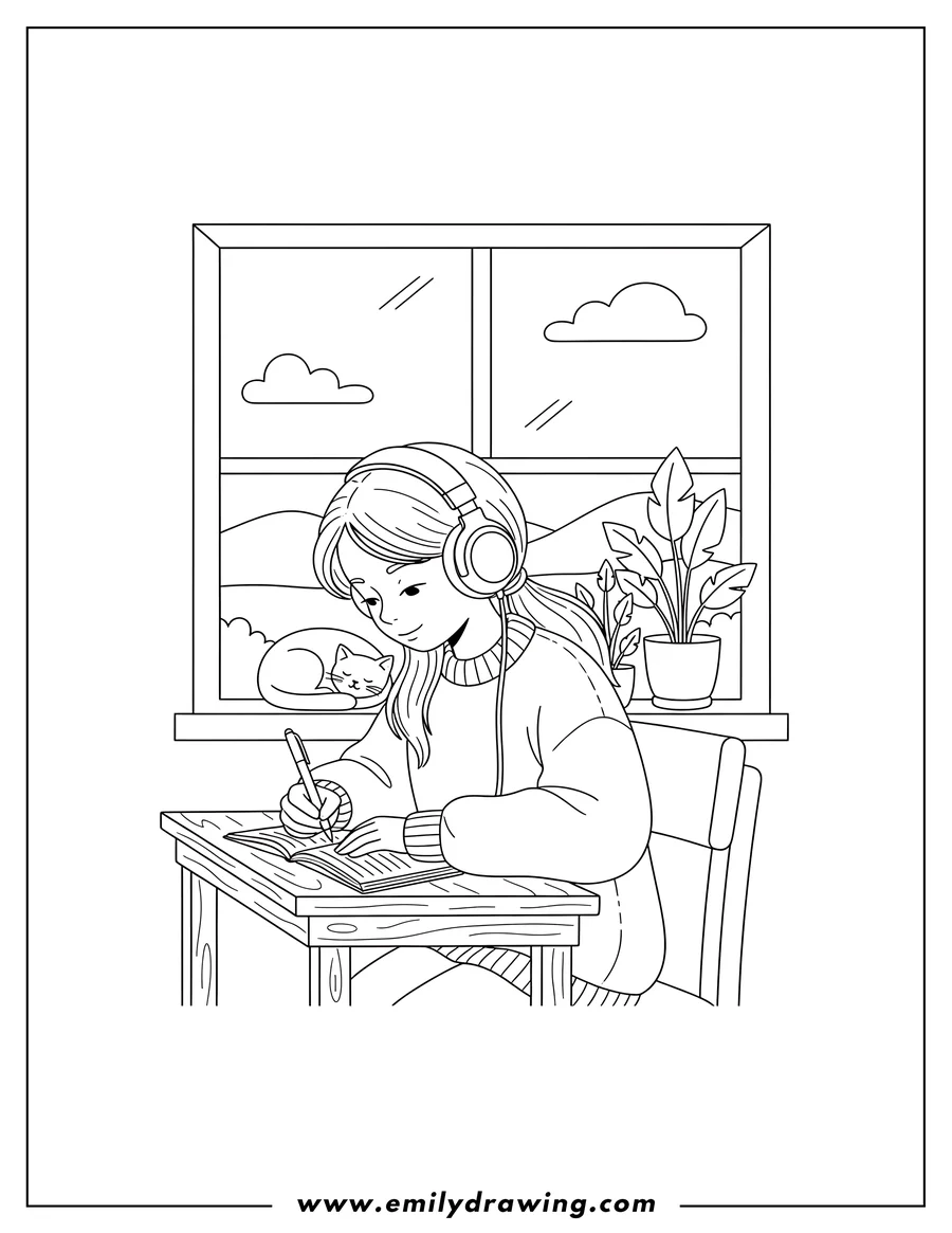 Line art of a girl wearing headphones, writing at a desk, with a cat sleeping on the windowsill behind her.