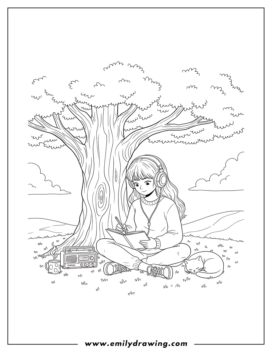 Line art of a girl sitting cross-legged under a large tree, wearing headphones and writing in a book, with a sleeping cat beside her, a radio, and a mug.