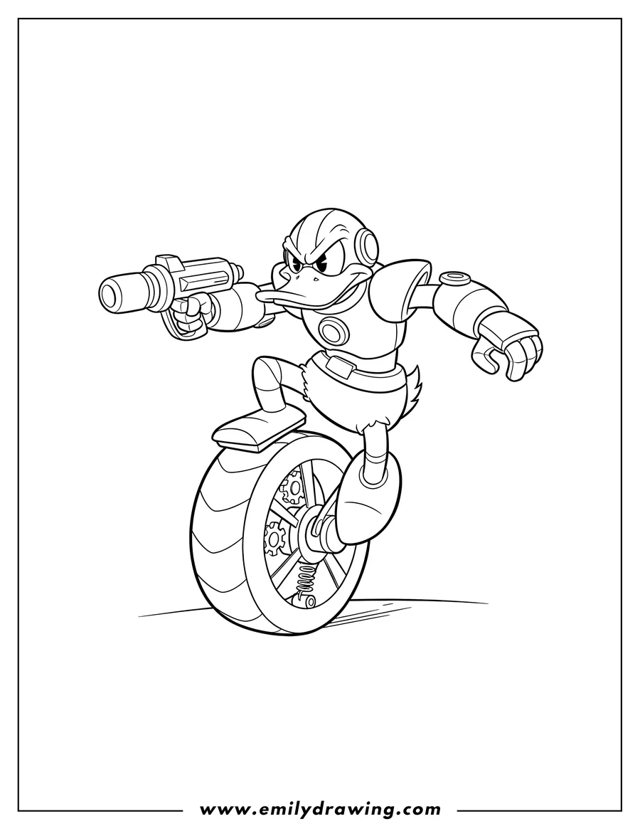 Full page coloring image of gizmoduck standing on a single wheel
