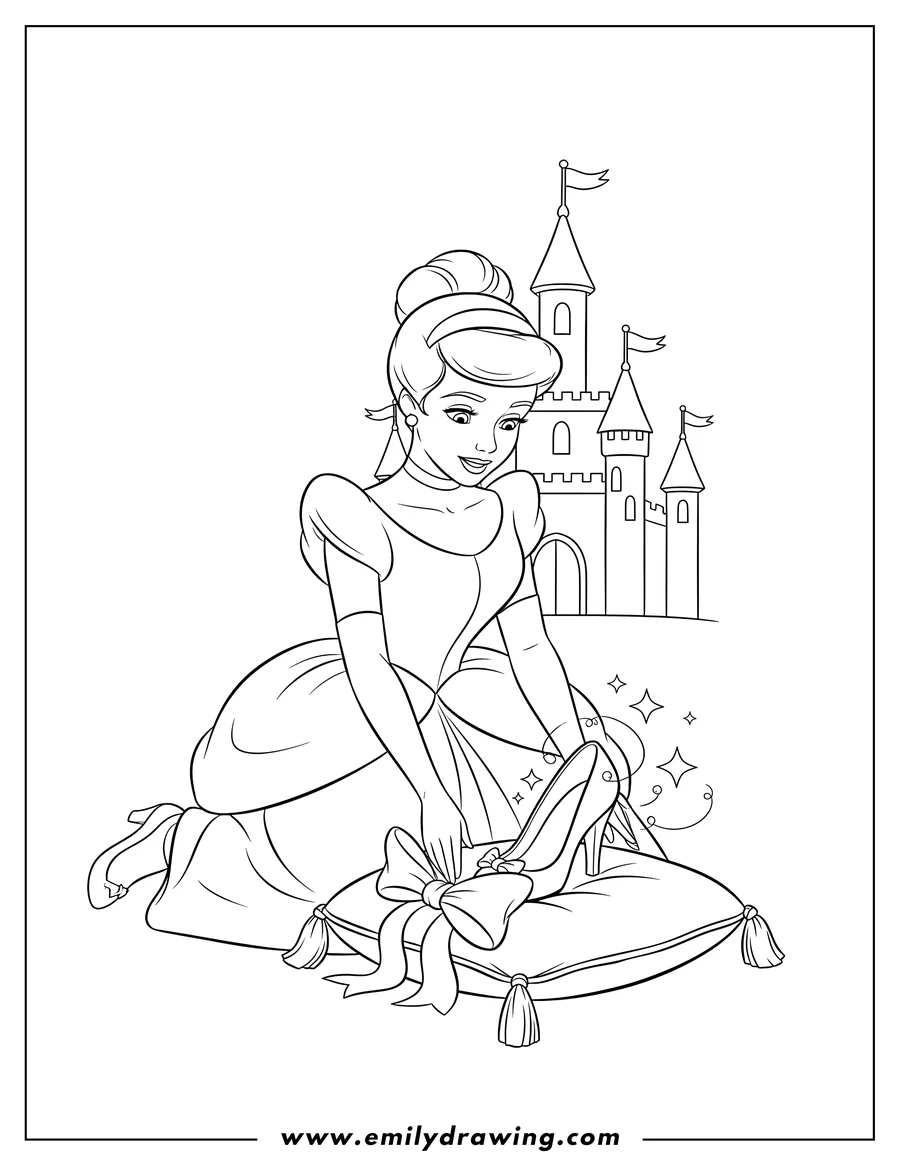 Full page coloring image of cinderella S Glass Slipper With Bow, with Cinderella gazing at it and a castle in the background