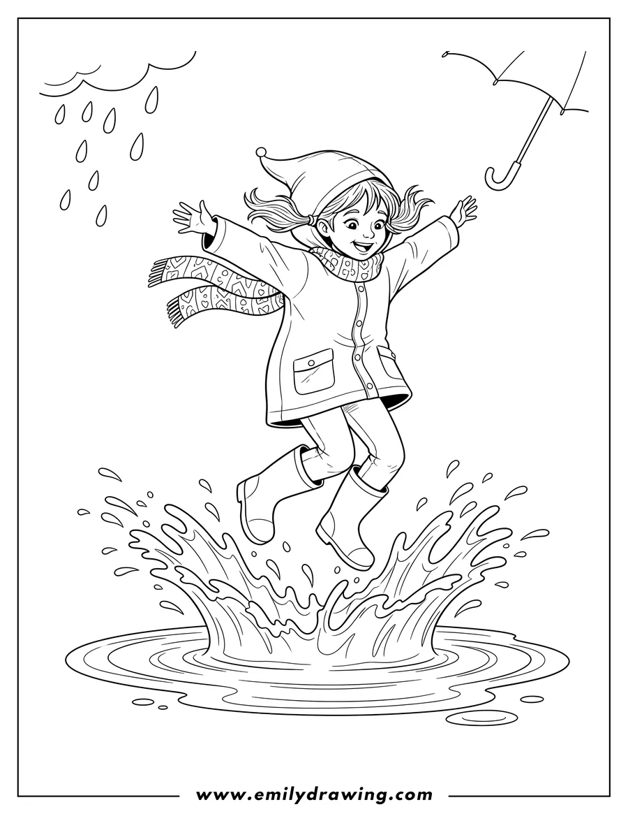Downloadable coloring page of gleeful girl in a hooded jacket and scarf jumping in a puddle, creating a big splash