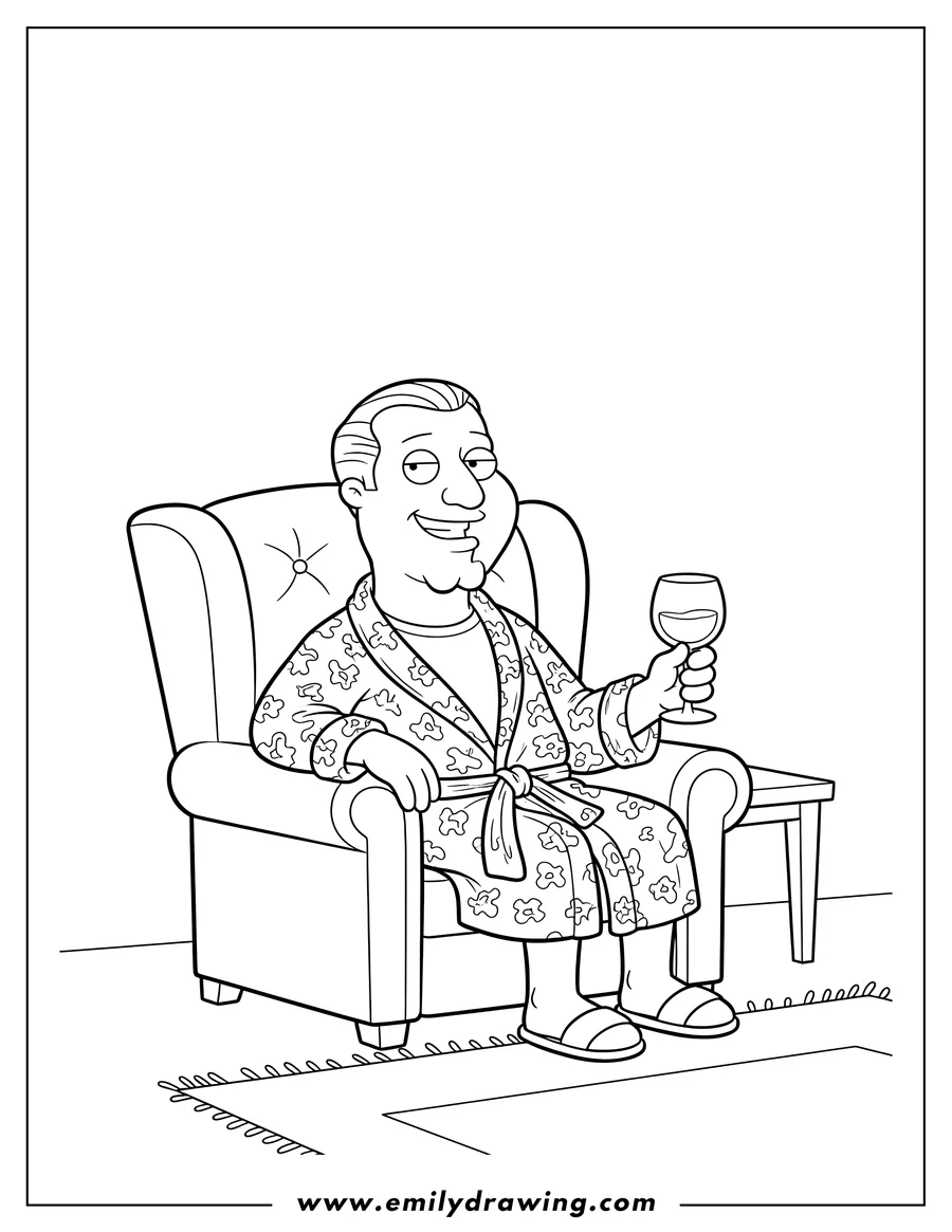 Printable coloring page of glenn Quagmire sitting in an armchair, wearing a robe and smiling, holding a glass of wine