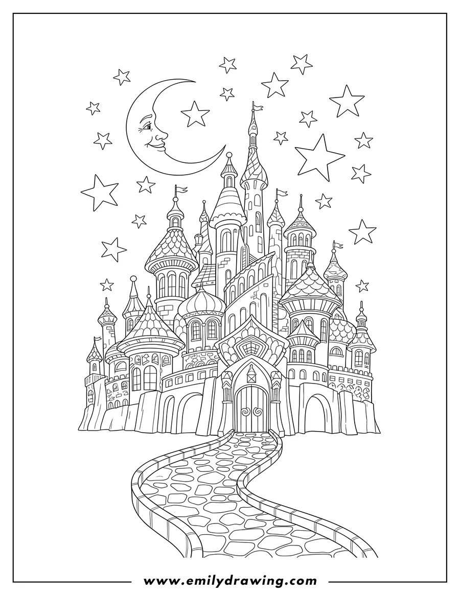 Printable line art of glistening Emerald City Oz with a winding path under the moon and stars