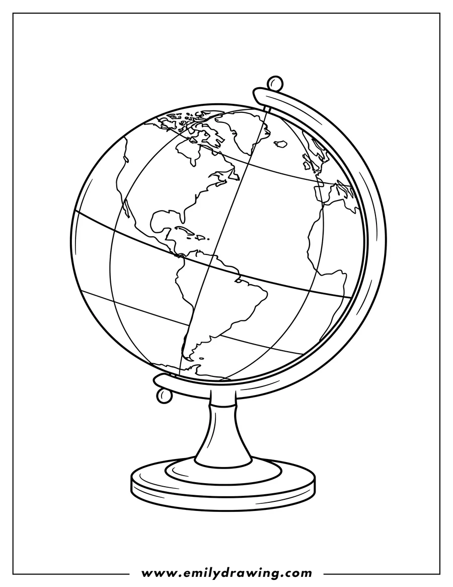 PDF style coloring page: globe With Longitude And Latitude Lines on a Stand, showing North and South America