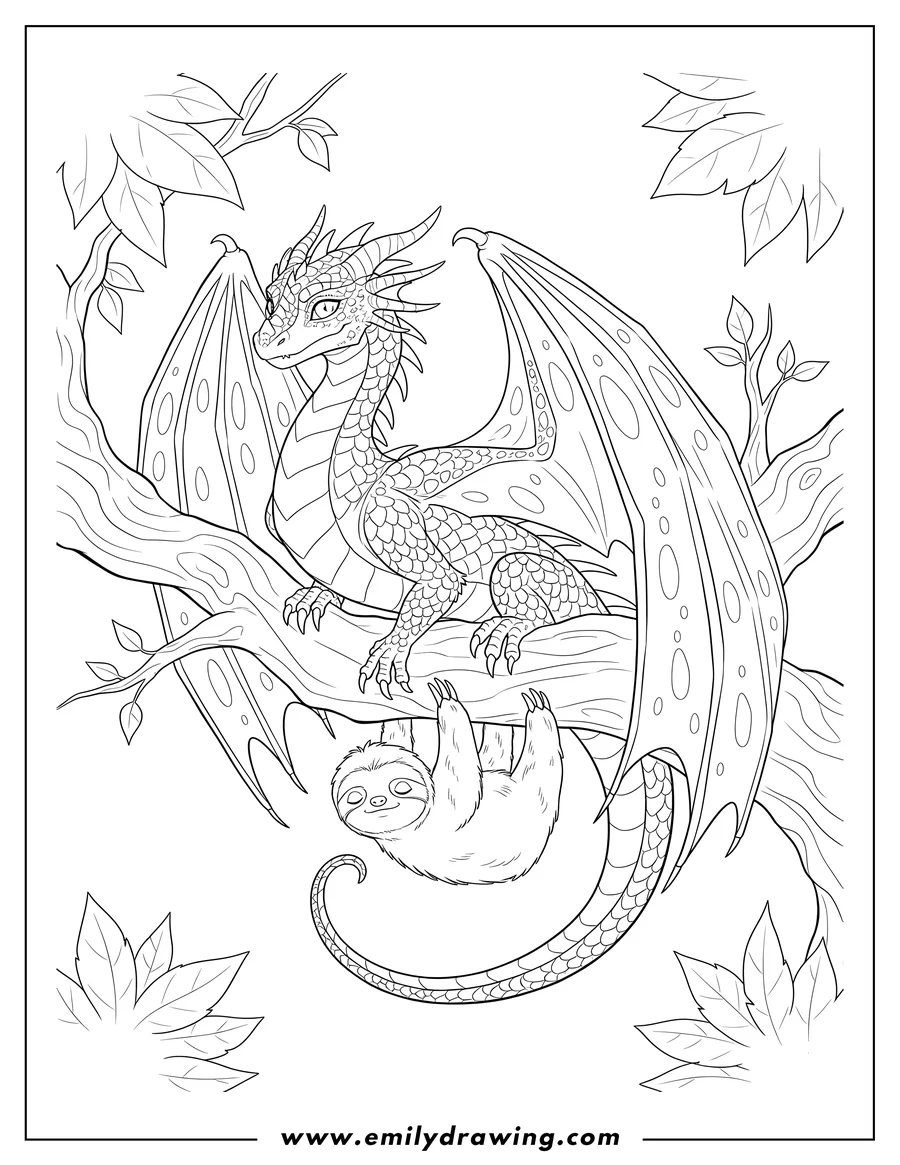 Simple sketch of wings of Fire Glory dragon perched on a tree branch with a hanging sloth to color