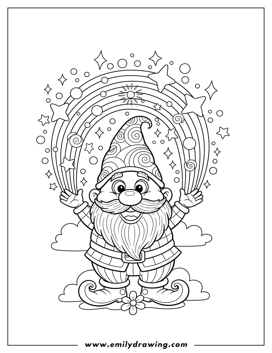 Full page coloring image of A gnome with a pointy hat and big eyes throwing up a sparkling rainbow
