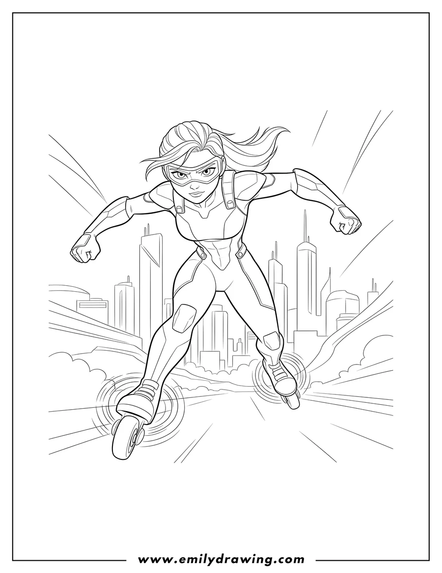 Downloadable coloring page of gogo Tomago Superhero Suit, skating with magnetic wheels
