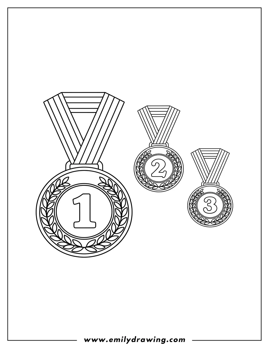Coloring sheet featuring gold Silver And Bronze Olympic Medals numbered 1, 2, and 3, with laurel wreaths and striped ribbons