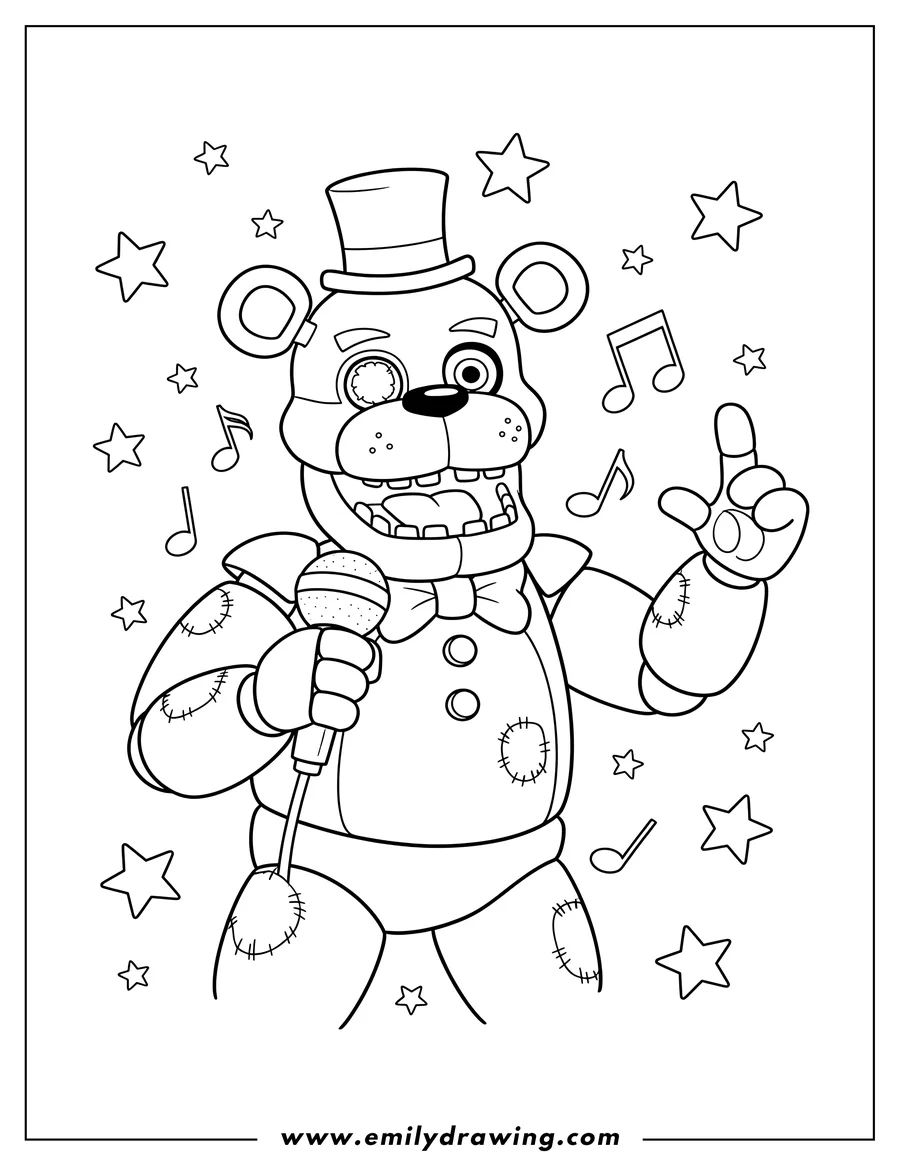 Downloadable coloring page of golden Freddy holding a microphone and singing, surrounded by music notes and stars