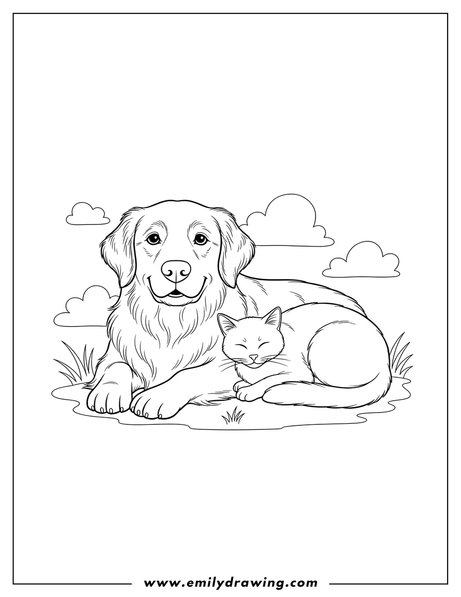 Free to print drawing of golden Retriever and cat lying side-by-side