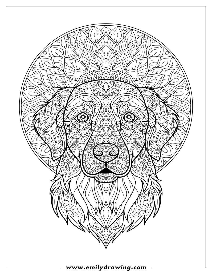 Simple sketch of golden Retriever Mandala, head and chest, facing forward to color