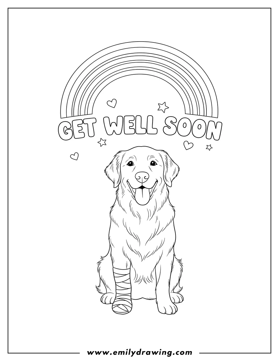 Downloadable coloring page of panting Golden Retriever dog with a bandaged leg, sitting under a rainbow with 'Get Well Soon' words, hearts, and stars