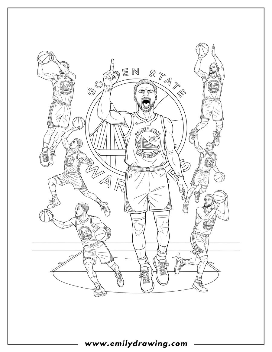 Coloring page for kids: stephen Curry Golden State Warriors Poster, roaring and playing basketball in multiple action poses