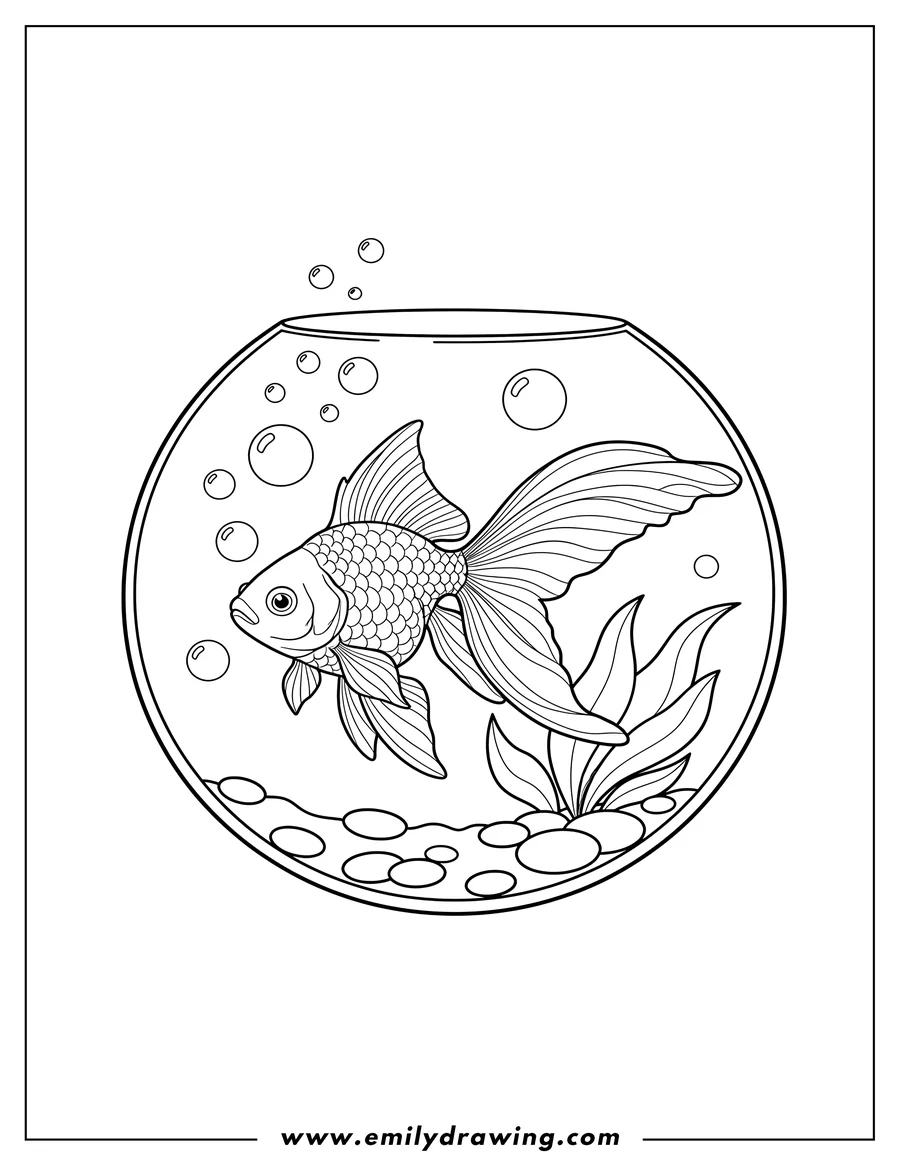 Free printable coloring sheet of goldfish Inside Fish Bowl, swimming with a fancy tail and bubbles