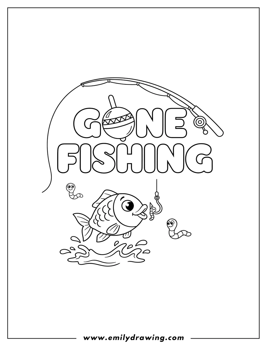 Downloadable coloring page of gone Fishing text with a fishing rod above, and a bobber replacing the 'o' in Gone