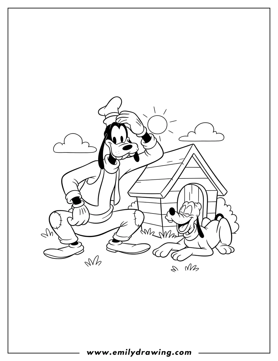 Line art of Goofy crouching down and Pluto lying happily next to a doghouse under a shining sun and clouds.