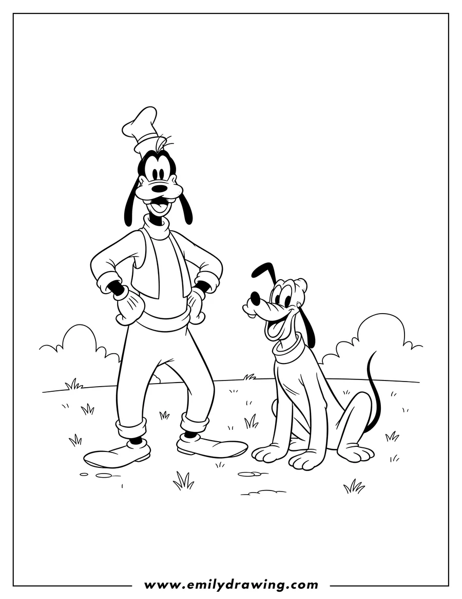 Line art of Goofy standing with his hands on his hips and Pluto sitting happily next to him in a grassy field with clouds.