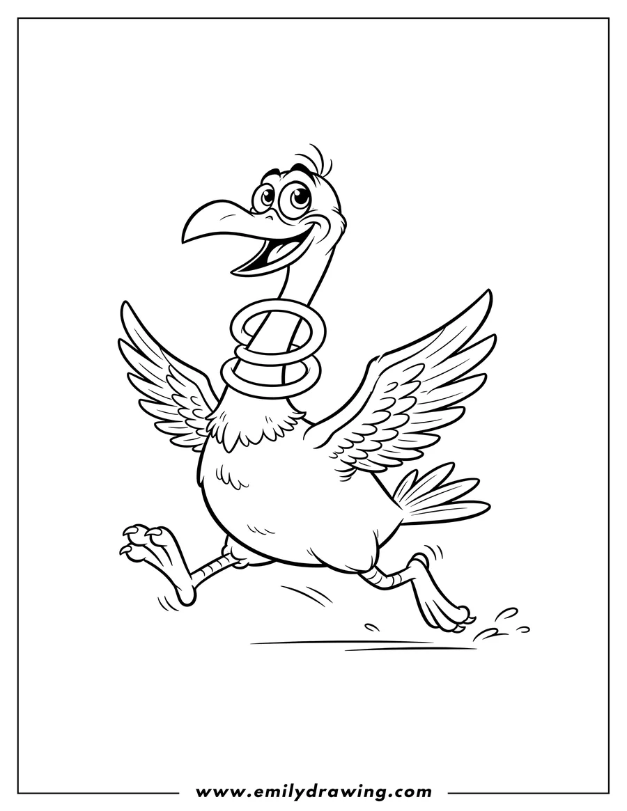 Outline drawing of goofy bird running with webbed feet