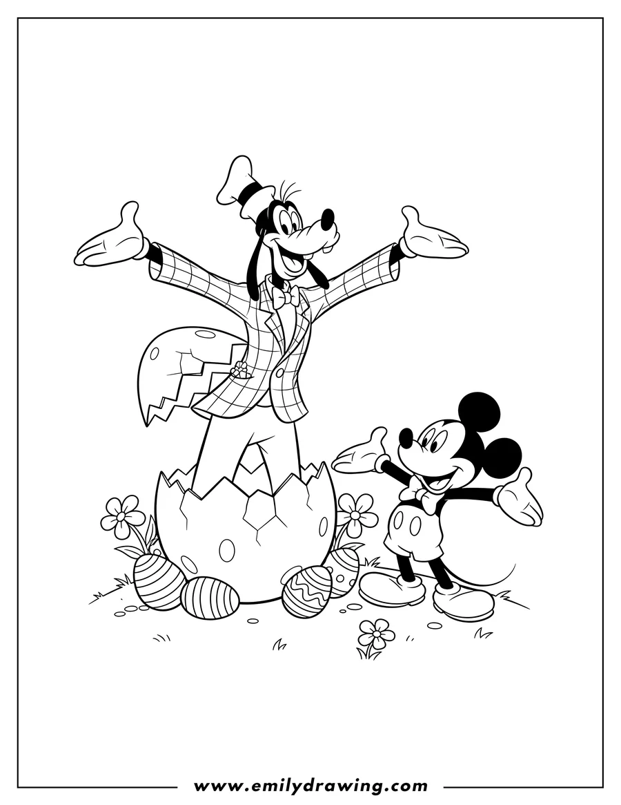 Line art of Goofy emerging from a cracked giant egg, with Mickey Mouse standing beside him, both with arms outstretched and smiling. Decorated Easter eggs and flowers are scattered around them.