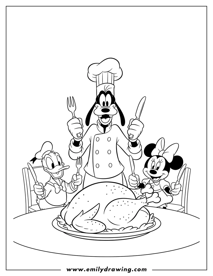 Coloring sheet featuring goofy (in a chef's hat), Donald Duck, Mickey Mouse, and Minnie Mouse holding forks and knives, ready to eat a massive turkey