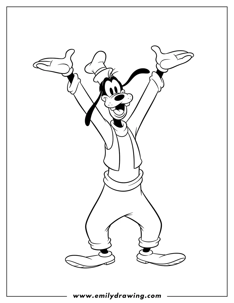 Coloring sheet featuring goofy Disney standing happily with arms raised
