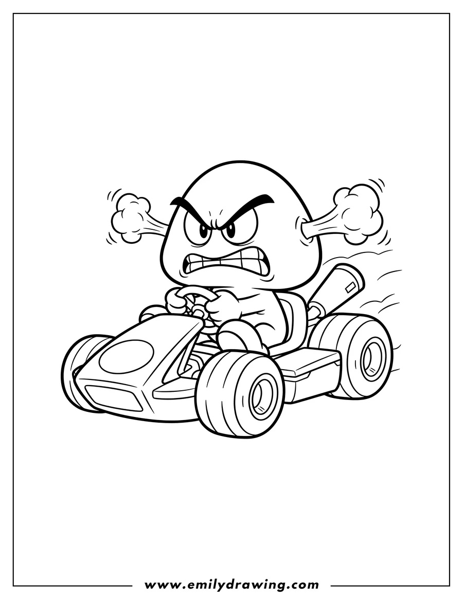 Coloring page for kids: goomba driving a Mario Kart with an angry expression