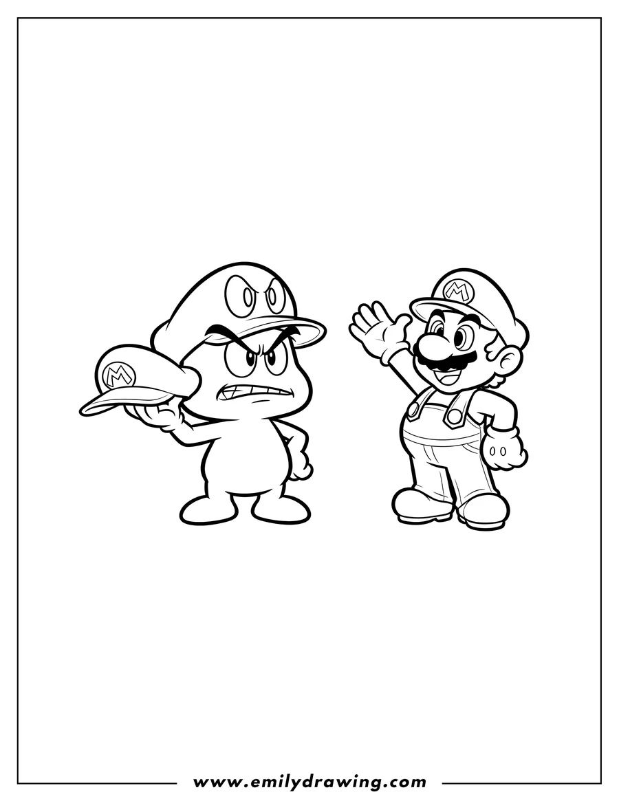 Free printable coloring sheet of goomba Stealing Mario S Hat, with the Goomba wearing Cappy and an angry expression, and Mario smiling and waving