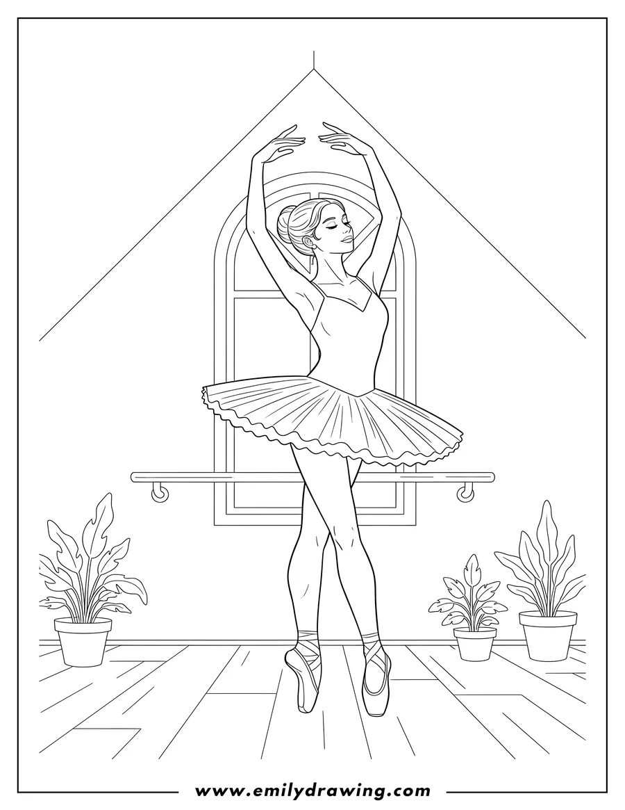 Free to print drawing of graceful Ballet Dancer elegantly posed on pointe with arms raised in a Cozy Attic Studio