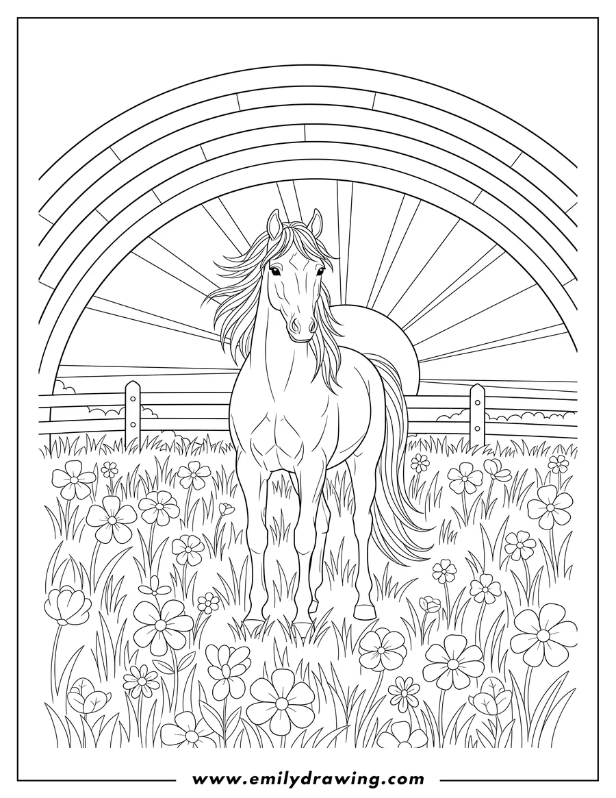 Outline drawing of graceful horse looking forward, standing in a fenced meadow with flowers, with a rainbow and sunrise