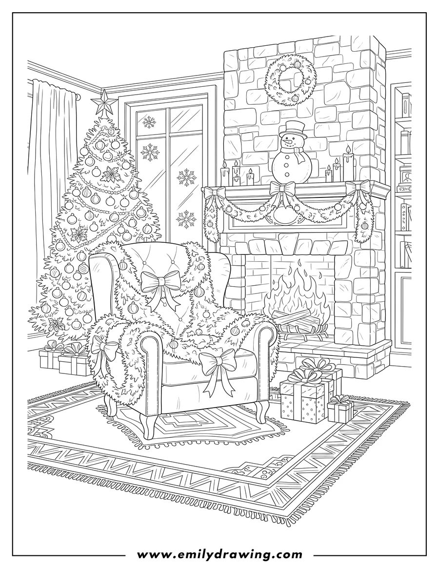 PDF style coloring page: grand But Cozy Living Room With Fireplace, Large Armchair, Christmas Garland, and a Snowman Figurine