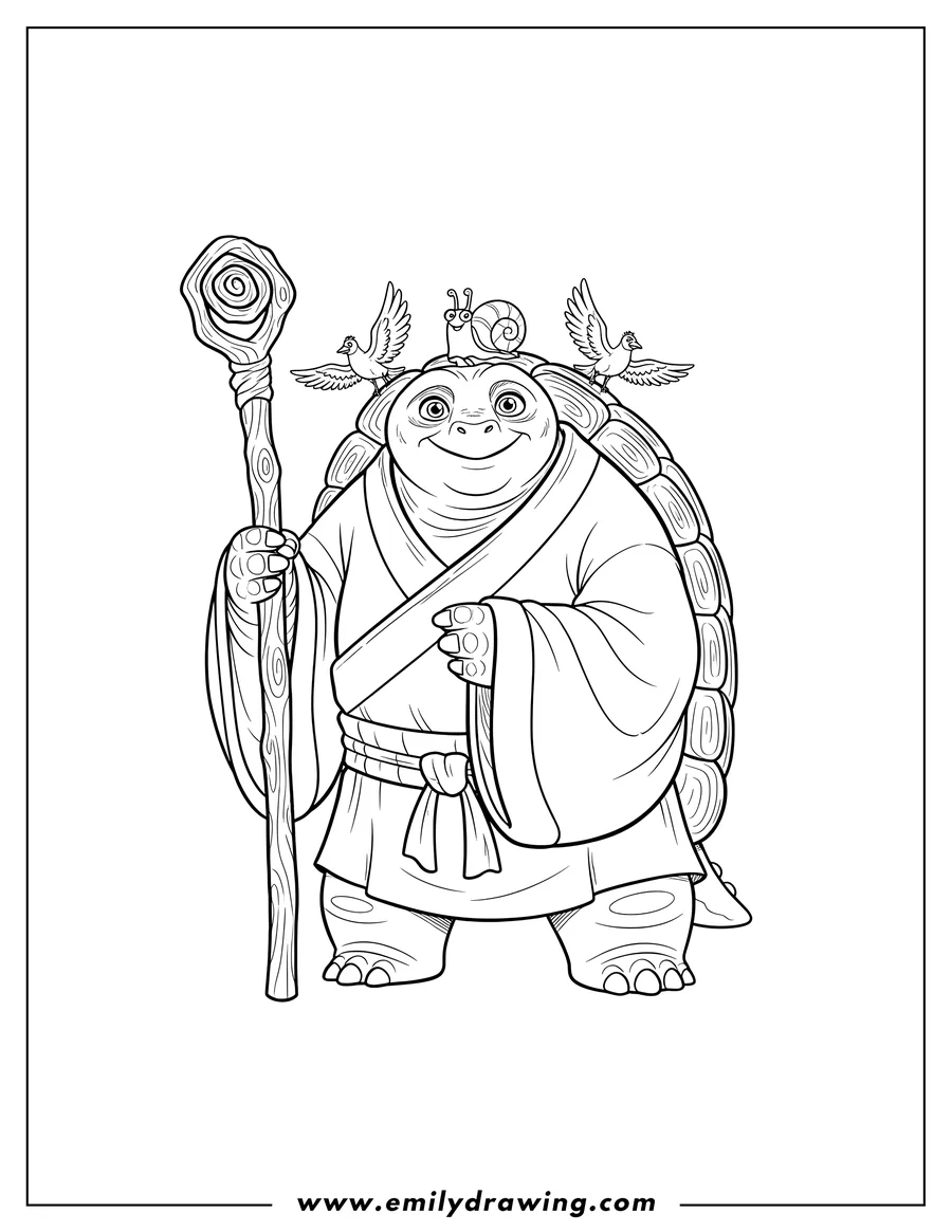 Outline drawing of grand Master Oogway holding a staff with a snail and birds on his shell