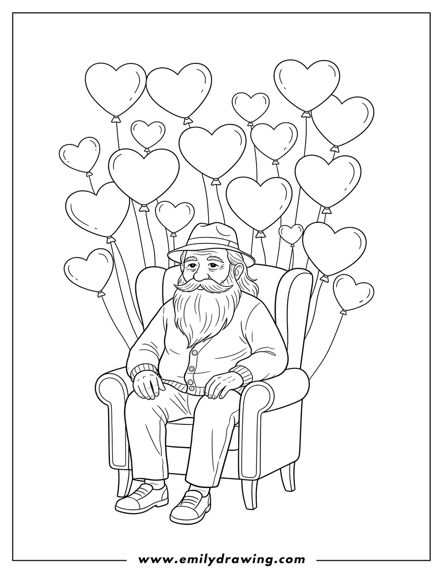 Linear illustration of get Well Soon Grandad, sitting in a chair with a beard and hat, surrounded by heart balloons