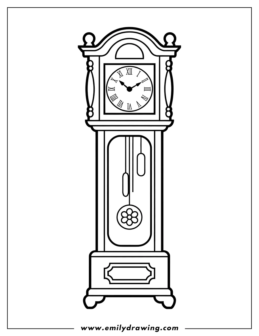 Detailed line art of a grandfather clock with a pendulum and Roman numerals on its face.