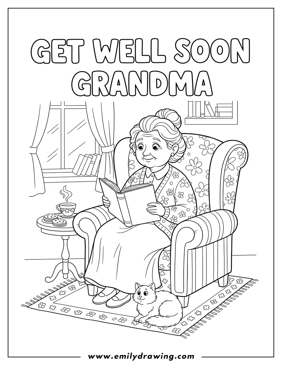 High quality printable grandma sitting in an armchair, holding an open book, with Get Well Soon Grandma text for coloring