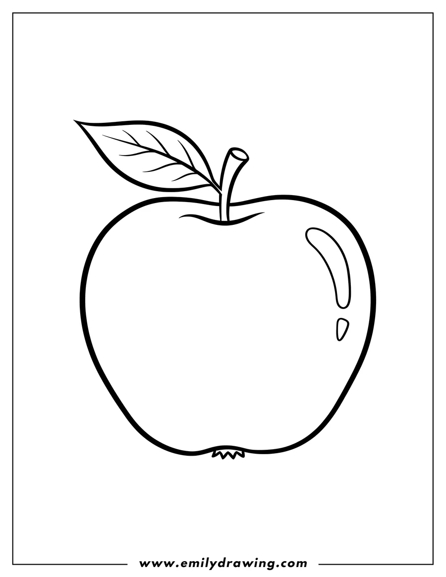 Full page coloring image of granny Smith Apple with a stem and two leaves