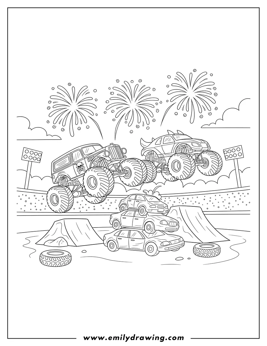 Free printable coloring sheet of monster Jam Grave Digger and Max-D monster trucks jumping over obstacles with fireworks