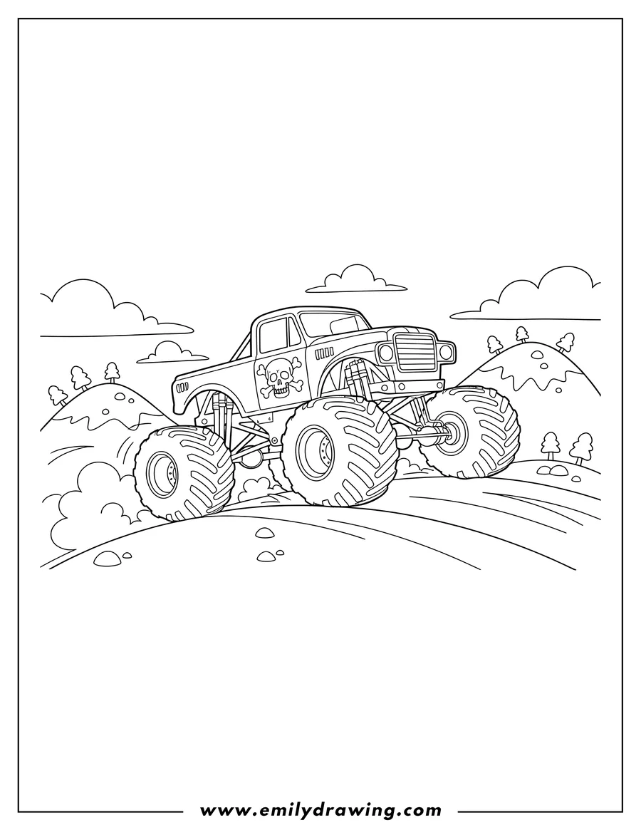 Coloring sheet featuring grave Digger monster truck driving on mountains
