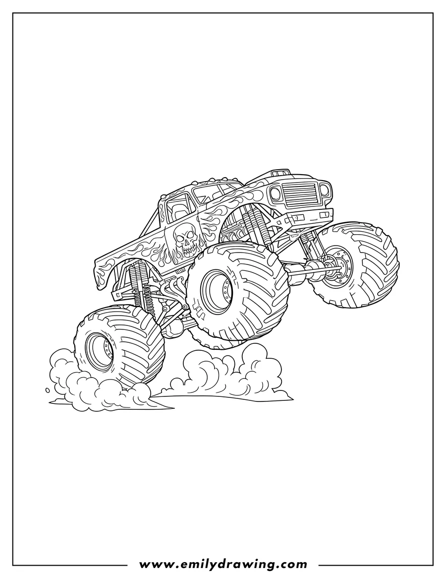 Printable line art of grave Digger Monster Truck doing a wheelie, with flame and skull artwork
