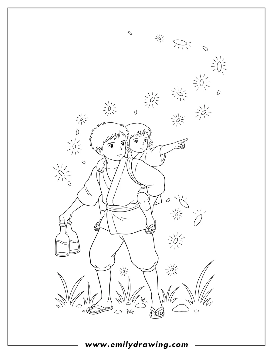 Coloring page of grave Fireflies Setsuko on Seita's back, Seita holding bottles, Setsuko pointing
