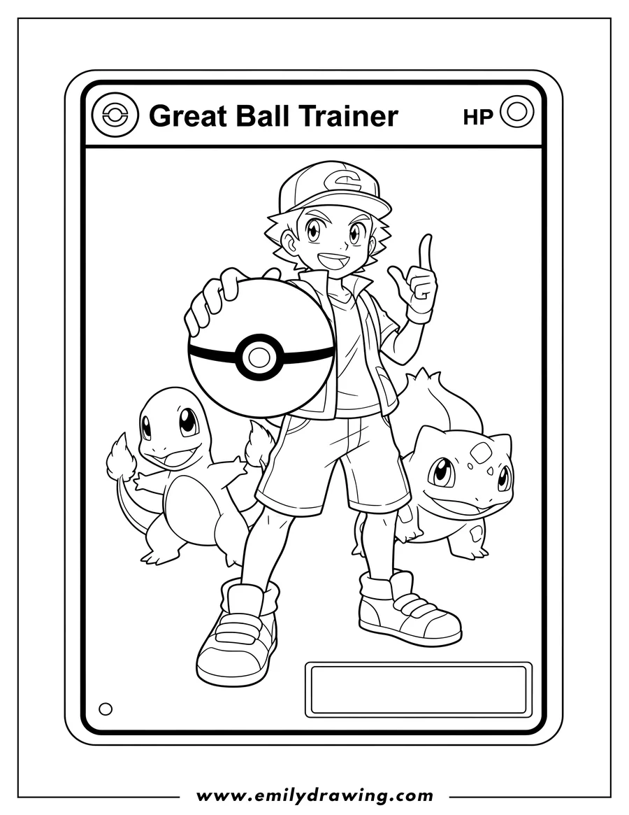 Vector style outline of great Ball Trainer Pokemon Card, line art style