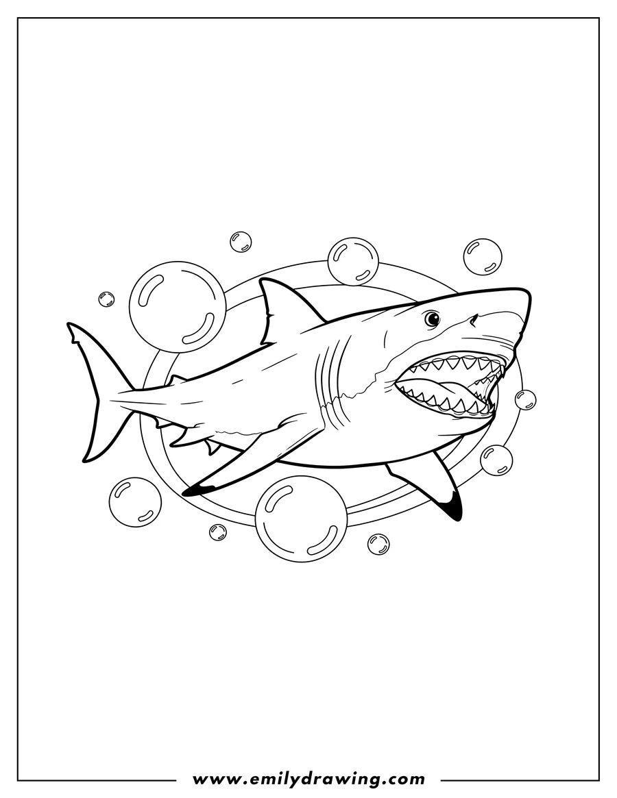 Downloadable coloring page of great White Shark With Bubbles, swimming with its mouth open showing teeth