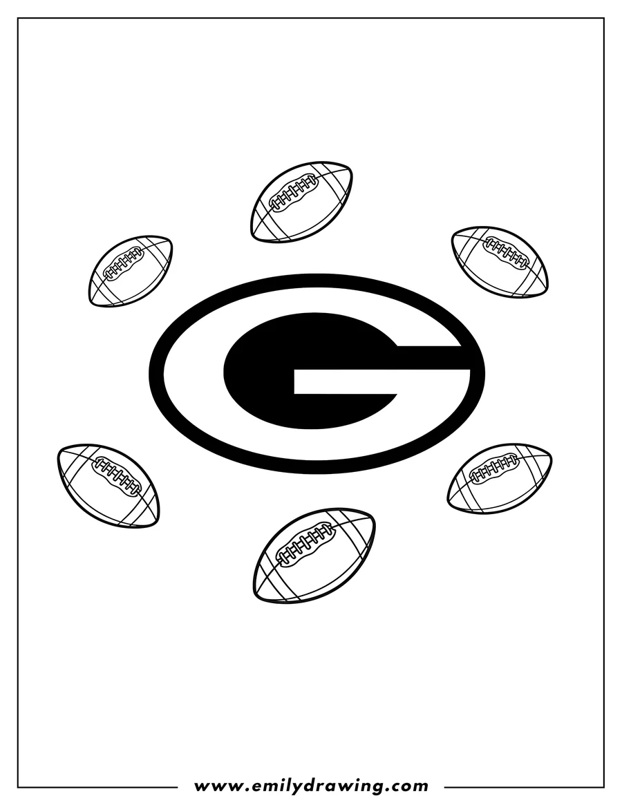 Printable line art of greenbay Packers Logo To Color with scattered footballs